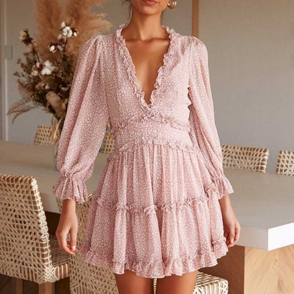 floral v neck open back boho ruffle dress - Picture 13 of 16
